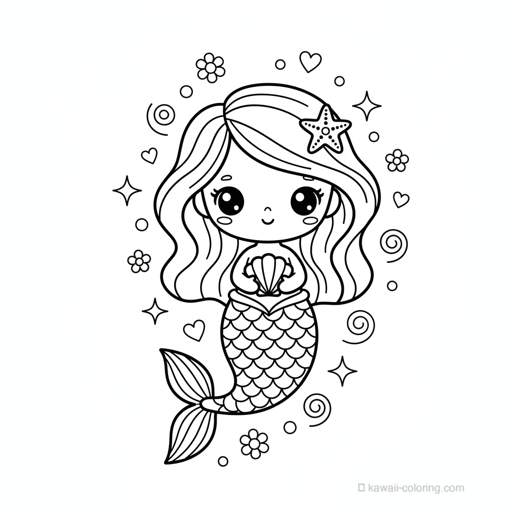 Kawaii Mermaids Coloring Page #8