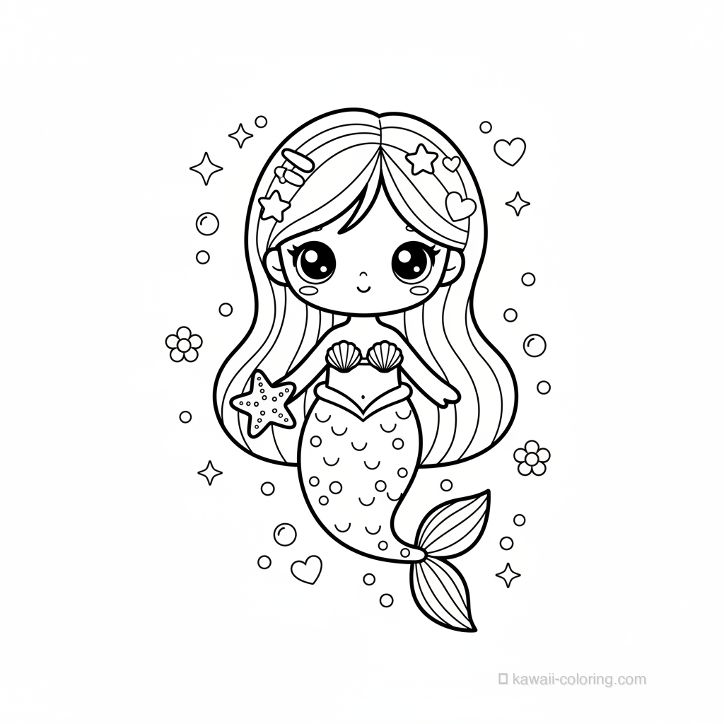 Kawaii Mermaids Coloring Page #10